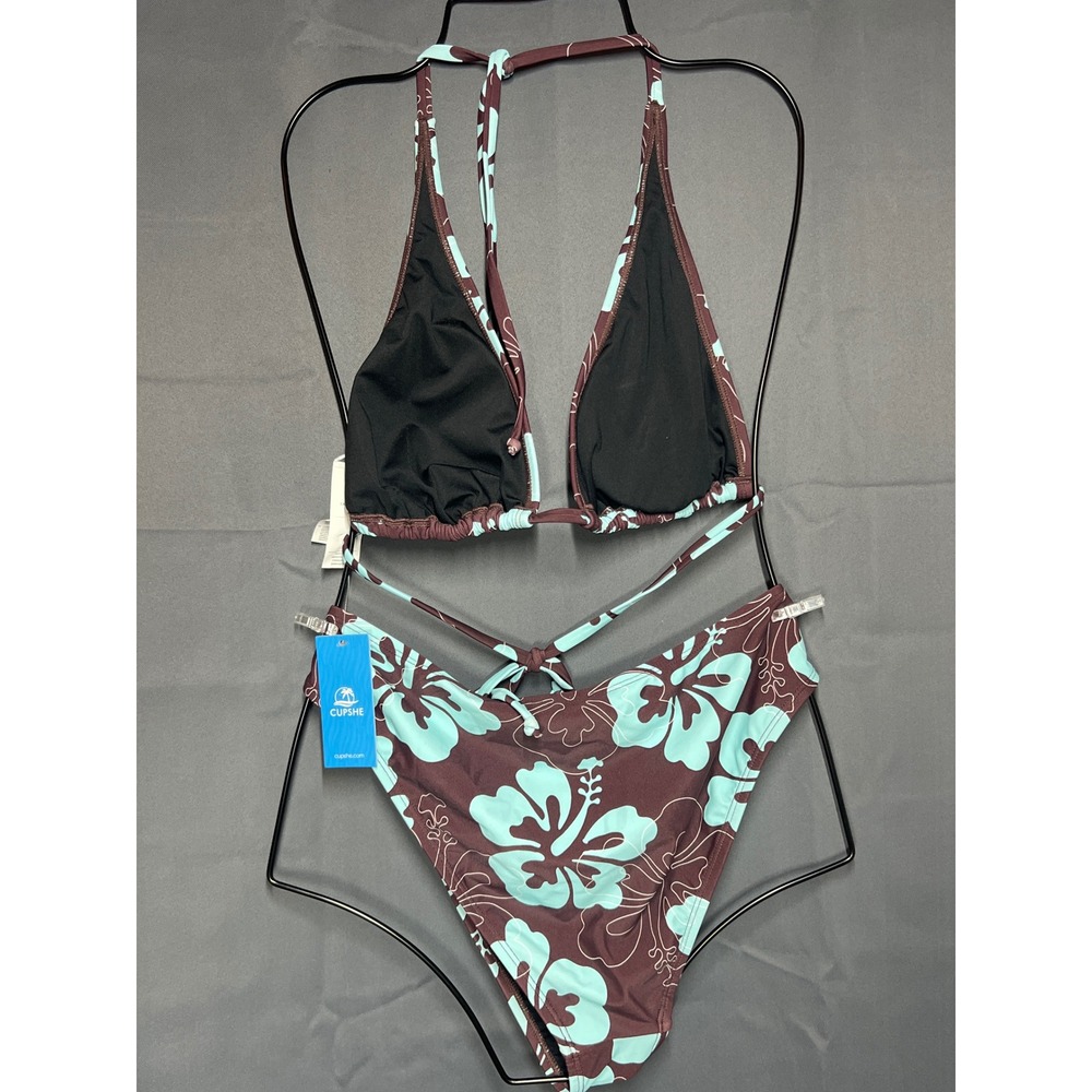 Cupshe Womens Brown Aqua Hibiscus Floral Triangle Bikini Set  L - Picture 2 of 3